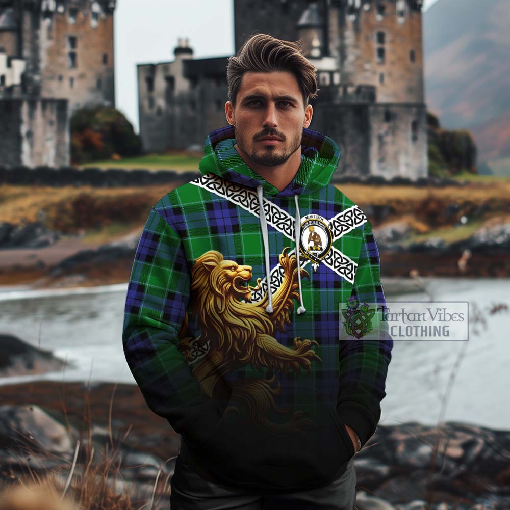 Monteith Crest Tartan Cotton Hoodie with Golden Lion Emblem Celtic Style - Tartan Vibes Clothing