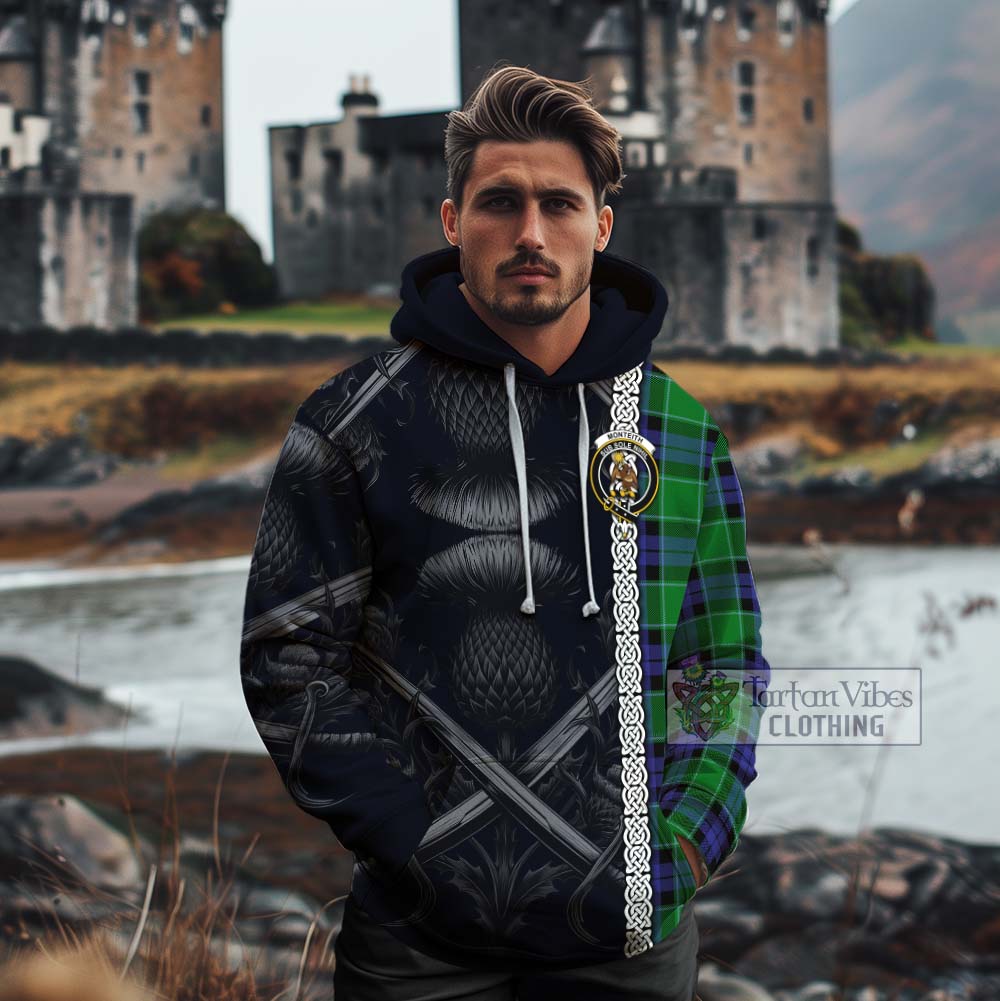 Monteith Tartan Cotton Hoodie with Family Crest Cross Sword Thistle Celtic Vibes - Tartan Vibes Clothing