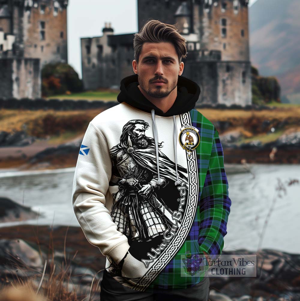 Monteith Tartan Clan Crest Cotton Hoodie with Highlander Warrior Celtic Style - Tartan Vibes Clothing