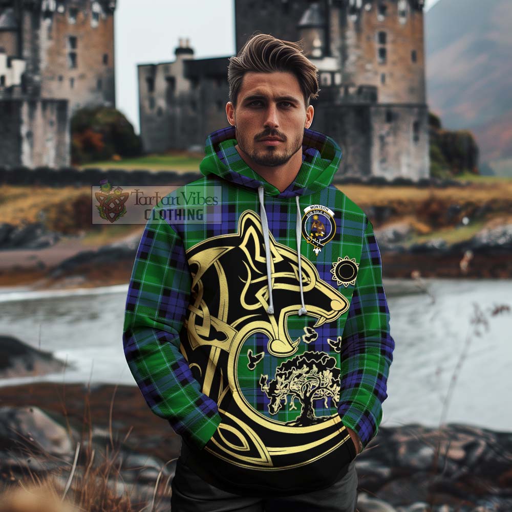 Monteith Tartan Cotton Hoodie with Family Crest Celtic Wolf Style - Tartan Vibes Clothing