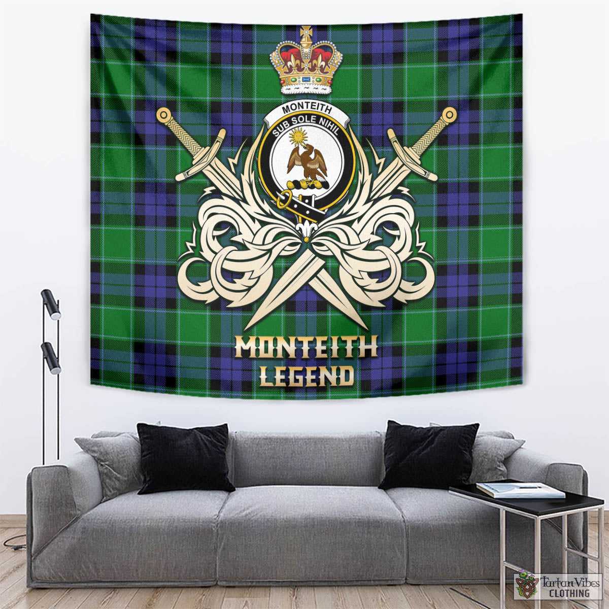 Monteith Tartan Tapestry with Clan Crest and the Golden Sword of Courageous Legacy - Tartan Vibes Clothing