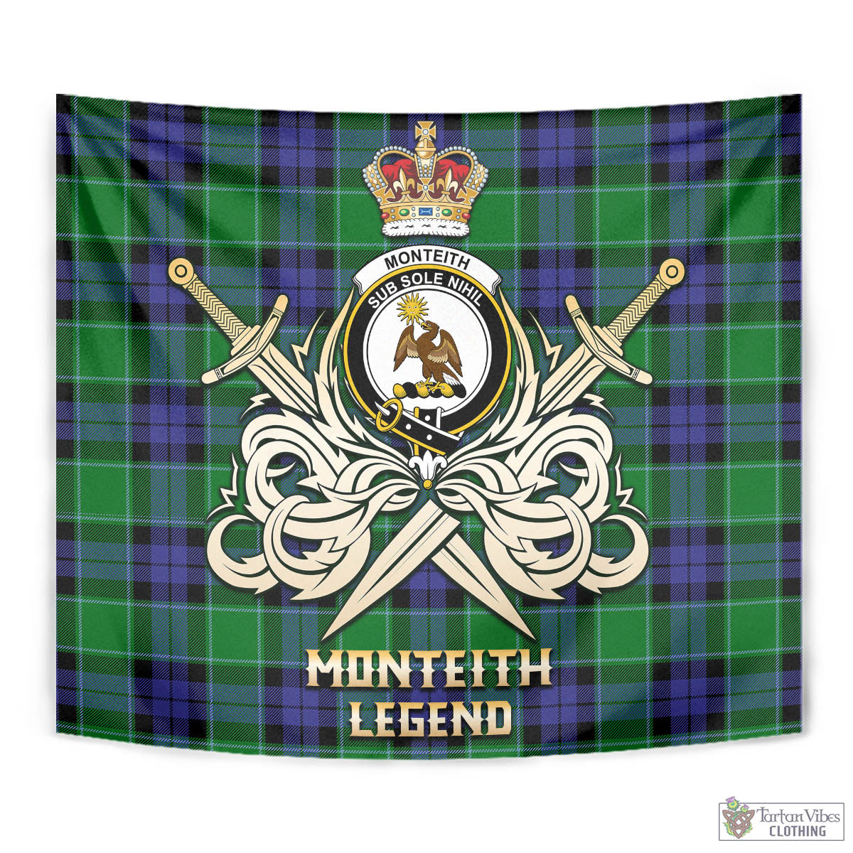 Monteith Tartan Tapestry with Clan Crest and the Golden Sword of Courageous Legacy - Tartan Vibes Clothing