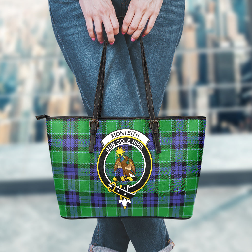 Monteith Tartan Leather Tote Bag with Family Crest - Tartan Vibes Clothing