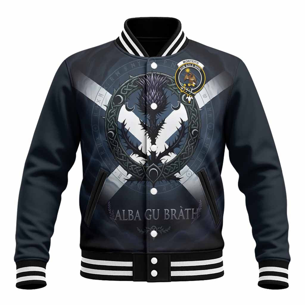 Monteith Clan Crest Baseball Jacket with Celtic Knot Thistle and Saltire Unisex - Tartan Vibes Clothing
