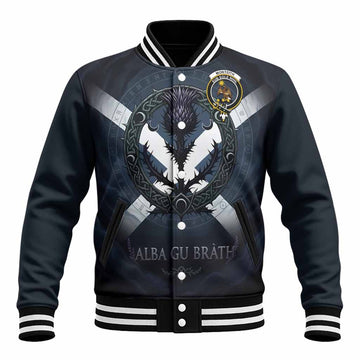 Monteith Clan Crest Baseball Jacket with Celtic Knot Thistle and Saltire
