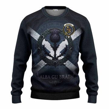 Monteith Clan Crest Knitted Sweater with Celtic Knot Thistle and Saltire