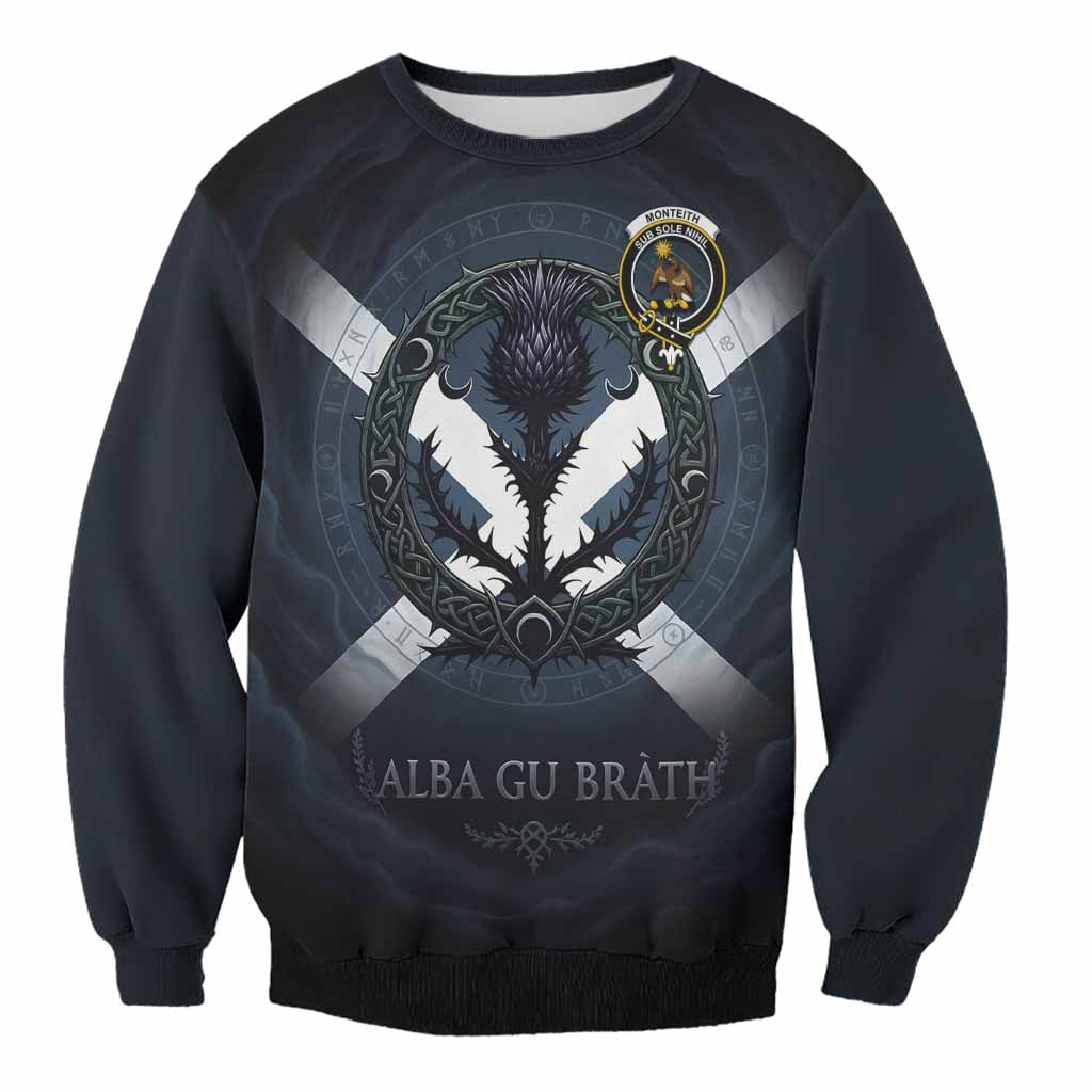 Monteith Clan Crest Sweatshirt with Celtic Knot Thistle and Saltire