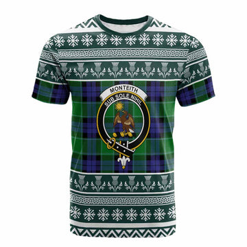 Monteith Clan Tartan Christmas Cotton T-shirt with Family Crest