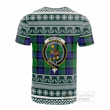 Monteith Clan Tartan Christmas Cotton T-shirt with Family Crest