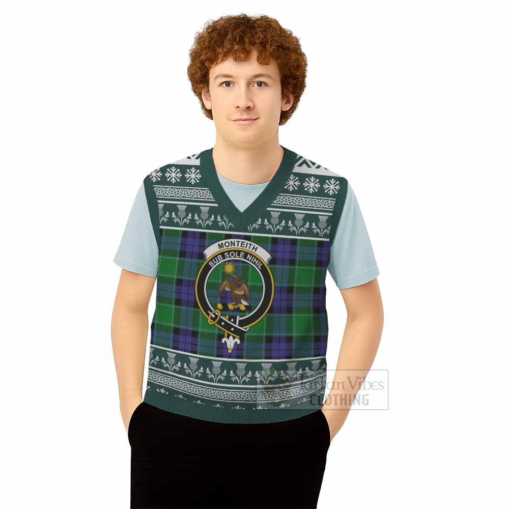 Monteith Clan Tartan Christmas Knitted V-Neck Vest with Family Crest - Tartan Vibes Clothing