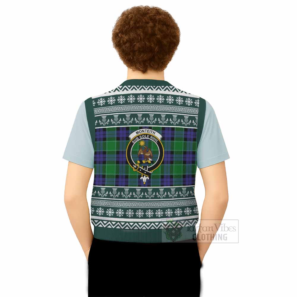Monteith Clan Tartan Christmas Knitted V-Neck Vest with Family Crest - Tartan Vibes Clothing