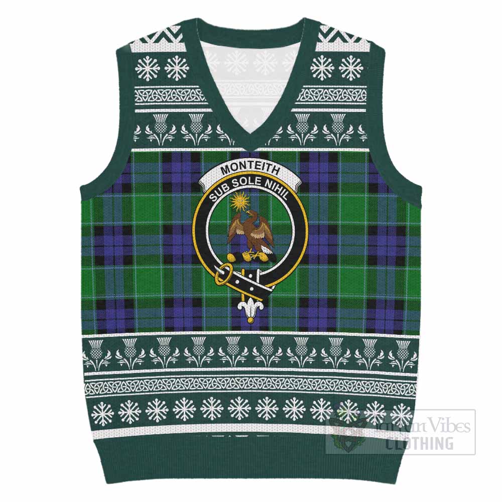 Monteith Clan Tartan Christmas Knitted V-Neck Vest with Family Crest - Tartan Vibes Clothing