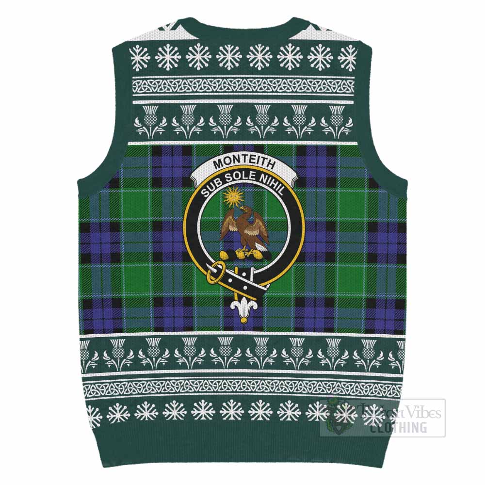 Monteith Clan Tartan Christmas Knitted V-Neck Vest with Family Crest - Tartan Vibes Clothing
