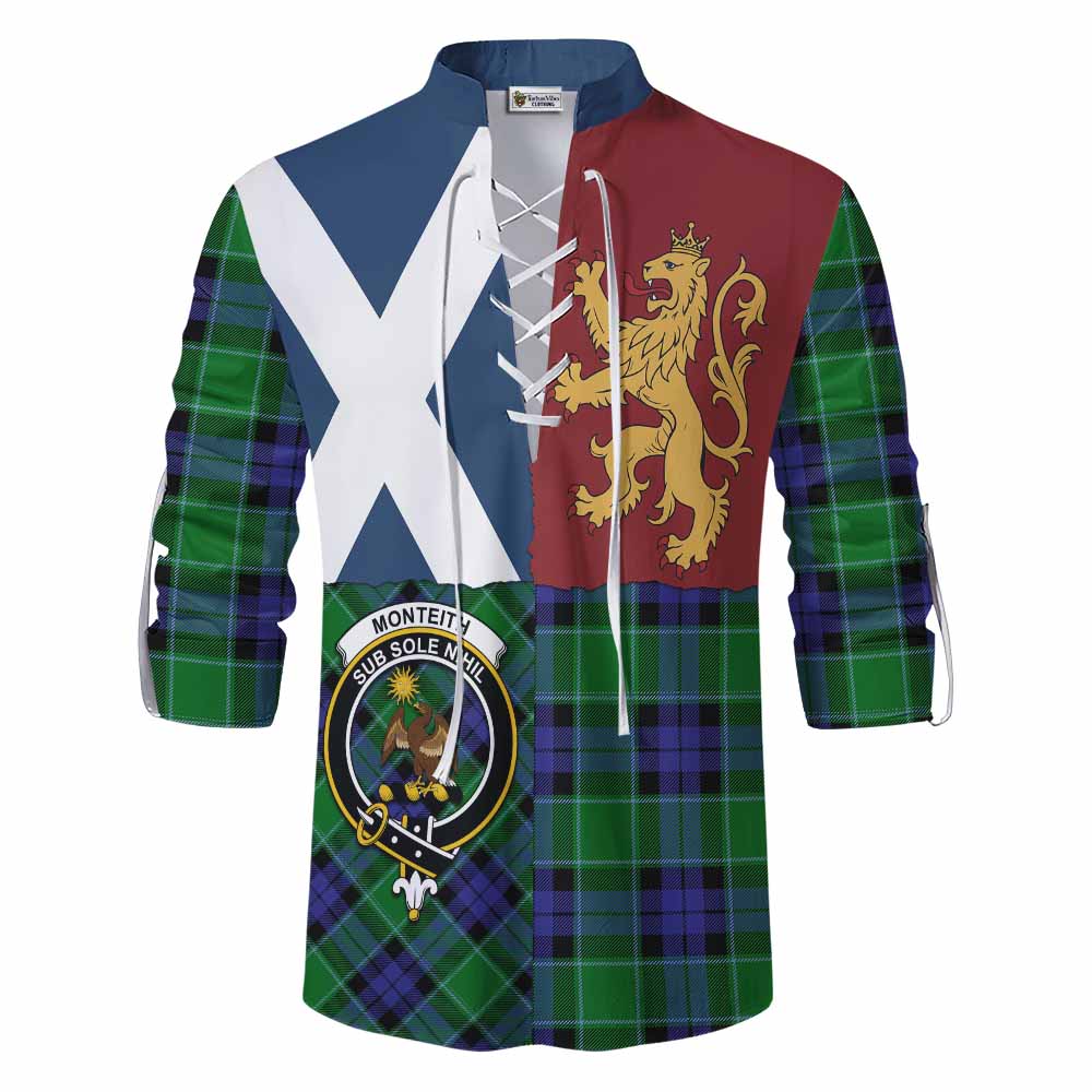 Monteith Crest Tartan Ghillie Shirt with Lion Rampant Saltire Style - Tartan Vibes Clothing