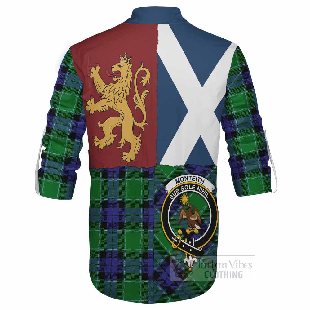 Monteith Crest Tartan Ghillie Shirt with Lion Rampant Saltire Style - Tartan Vibes Clothing