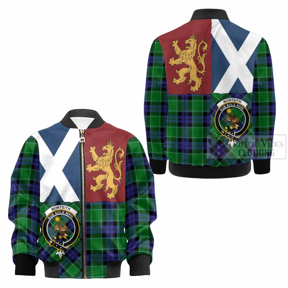 Monteith Crest Tartan Kid Bomber Jacket with Lion Rampant Saltire Style - Tartan Vibes Clothing