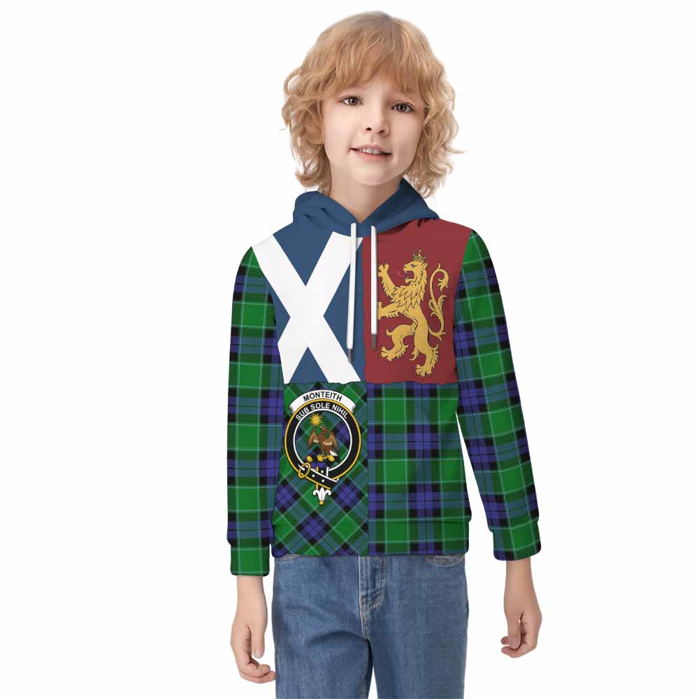 Monteith Crest Tartan Kid Hoodie with Lion Rampant Saltire Style - Tartan Vibes Clothing