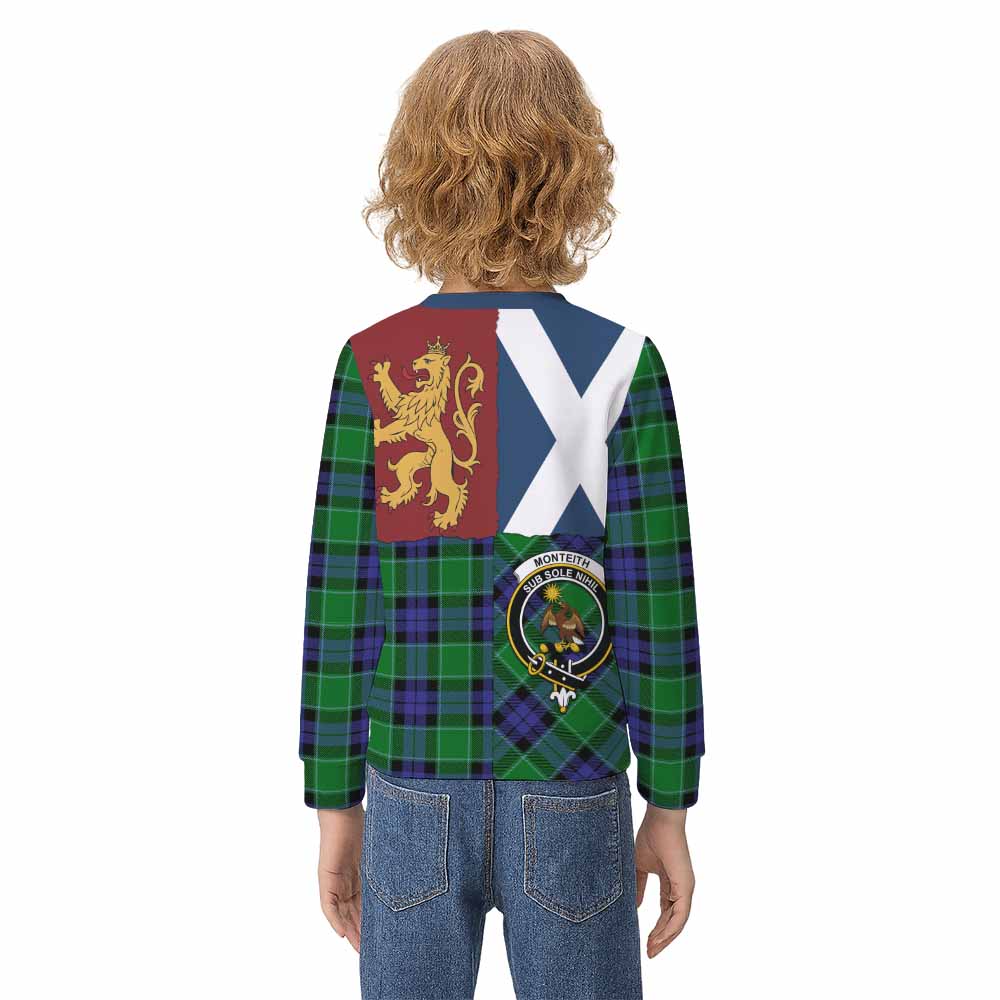 Monteith Crest Tartan Kid Knitted Sweatshirt with Lion Rampant Saltire Style - Tartan Vibes Clothing