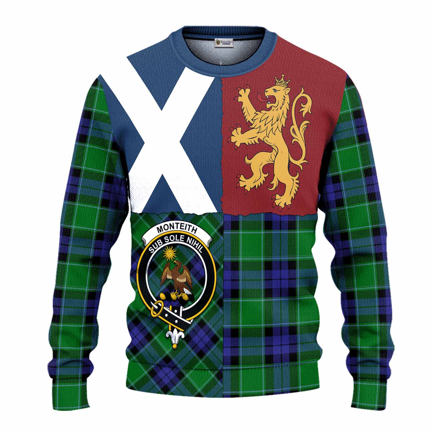 Monteith Crest Tartan Knitted Sweater with Lion Rampant Saltire Style
