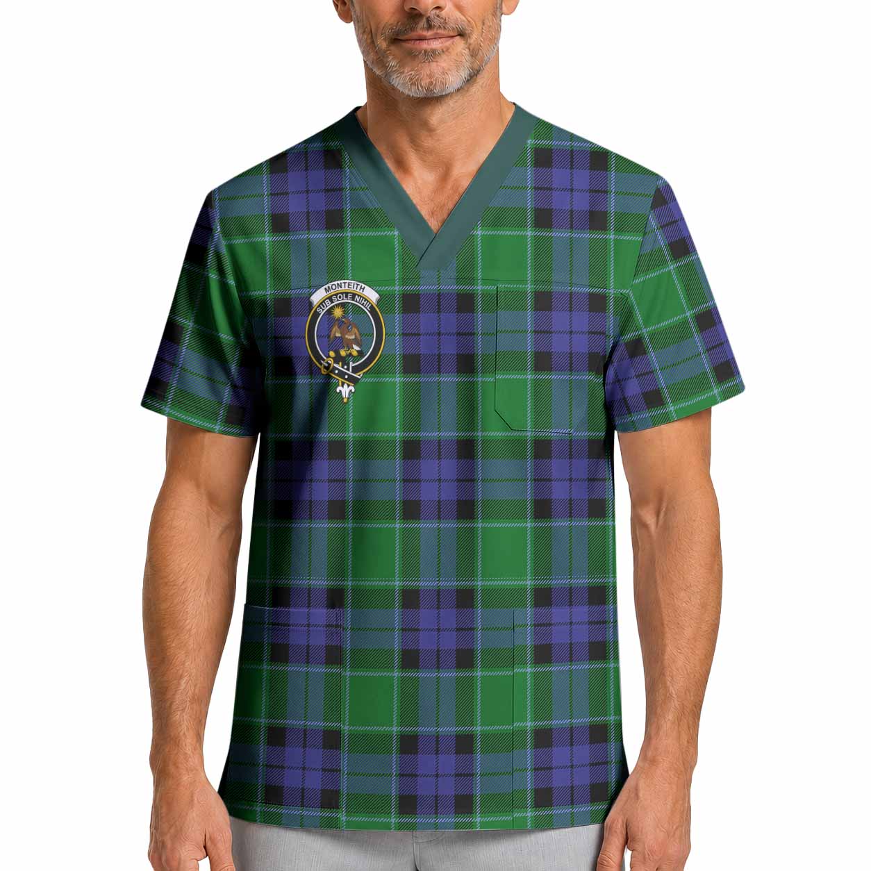 Monteith Crest Tartan Scrub Top XL - Tartan Vibes Clothing