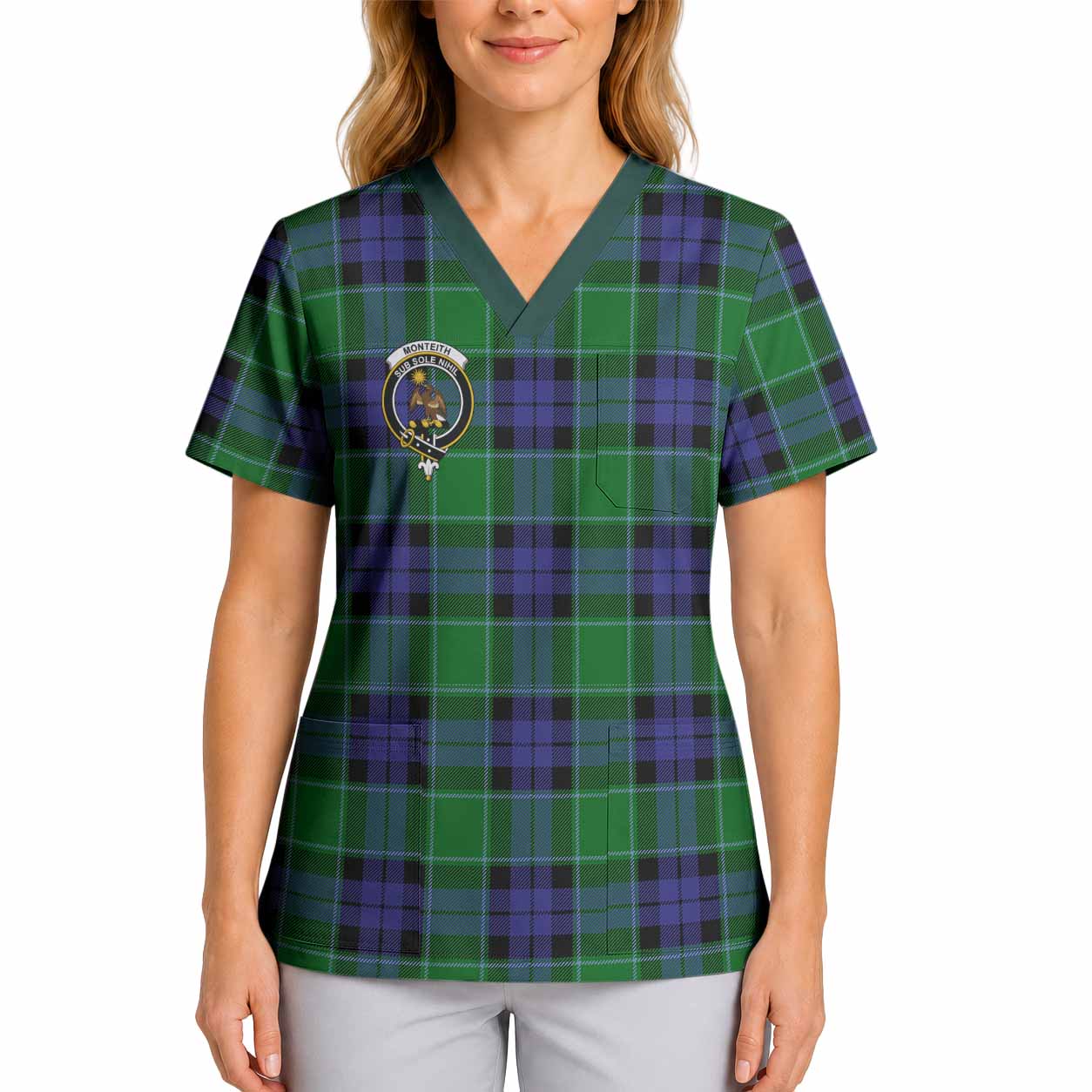 Monteith Crest Tartan Scrub Top 4XL - Tartan Vibes Clothing