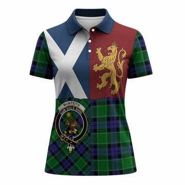 Monteith Crest Tartan Women Polo Shirt with Lion Rampant Saltire Style