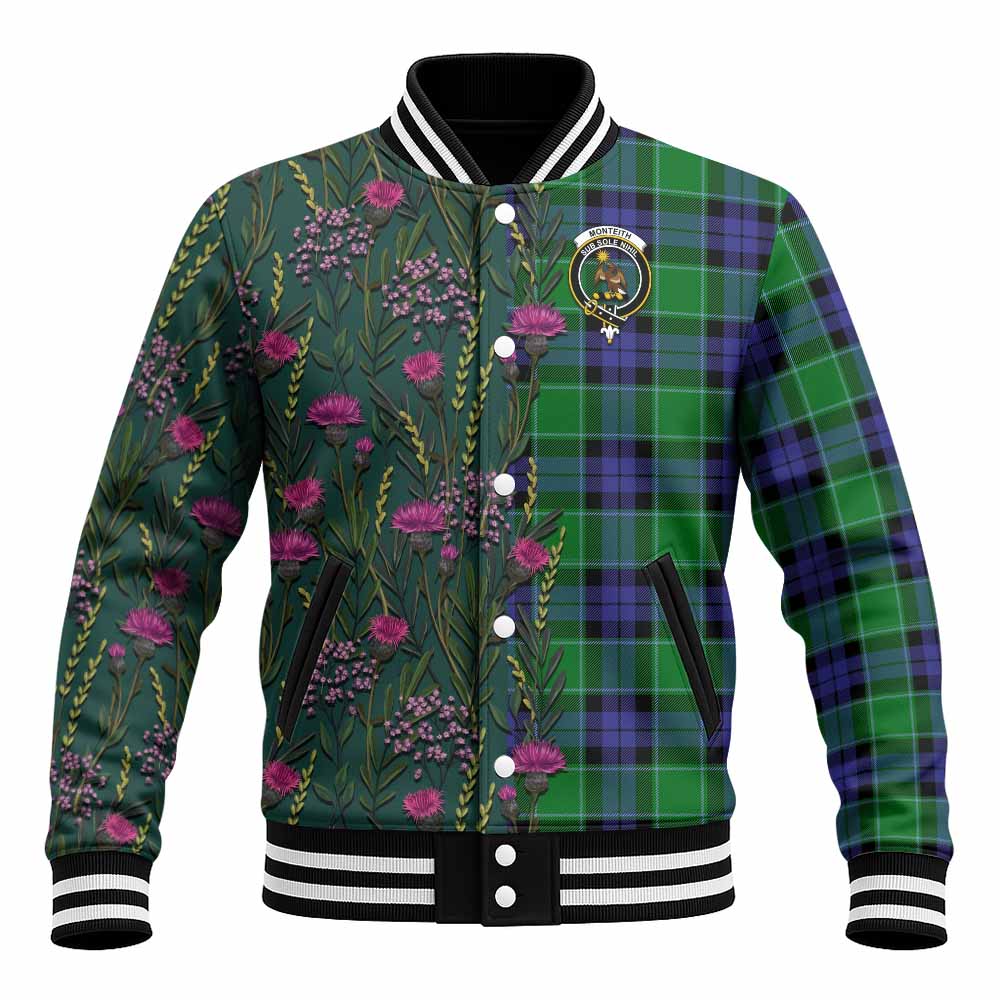 Monteith Family Crest Tartan Baseball Jacket Scottish Thistle Flower Pattern Half Style - Tartan Vibes Clothing