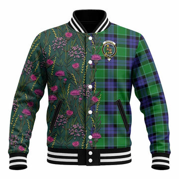 Monteith Family Crest Tartan Baseball Jacket Scottish Thistle Flower Pattern Half Style
