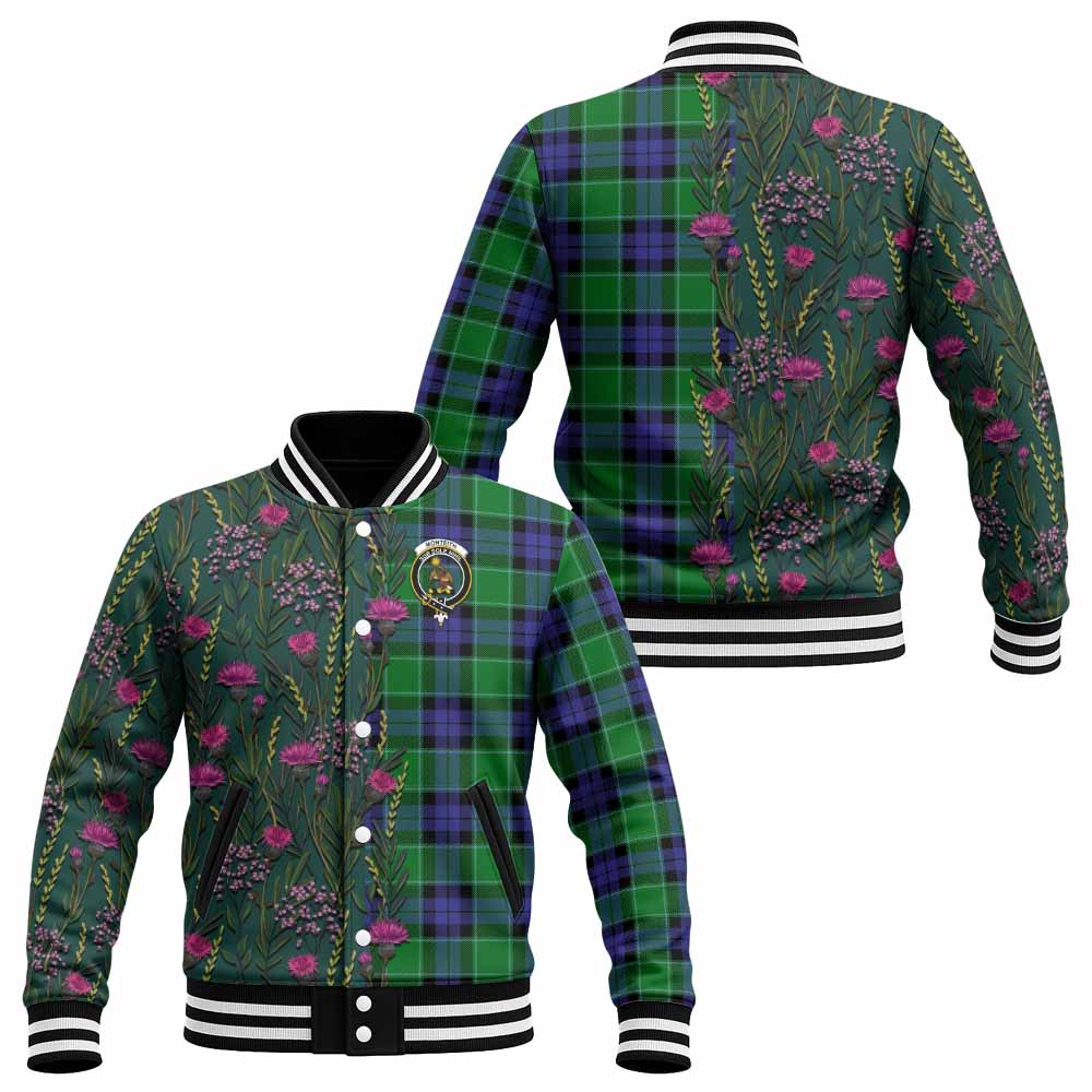 Monteith Family Crest Tartan Baseball Jacket Scottish Thistle Flower Pattern Half Style - Tartan Vibes Clothing