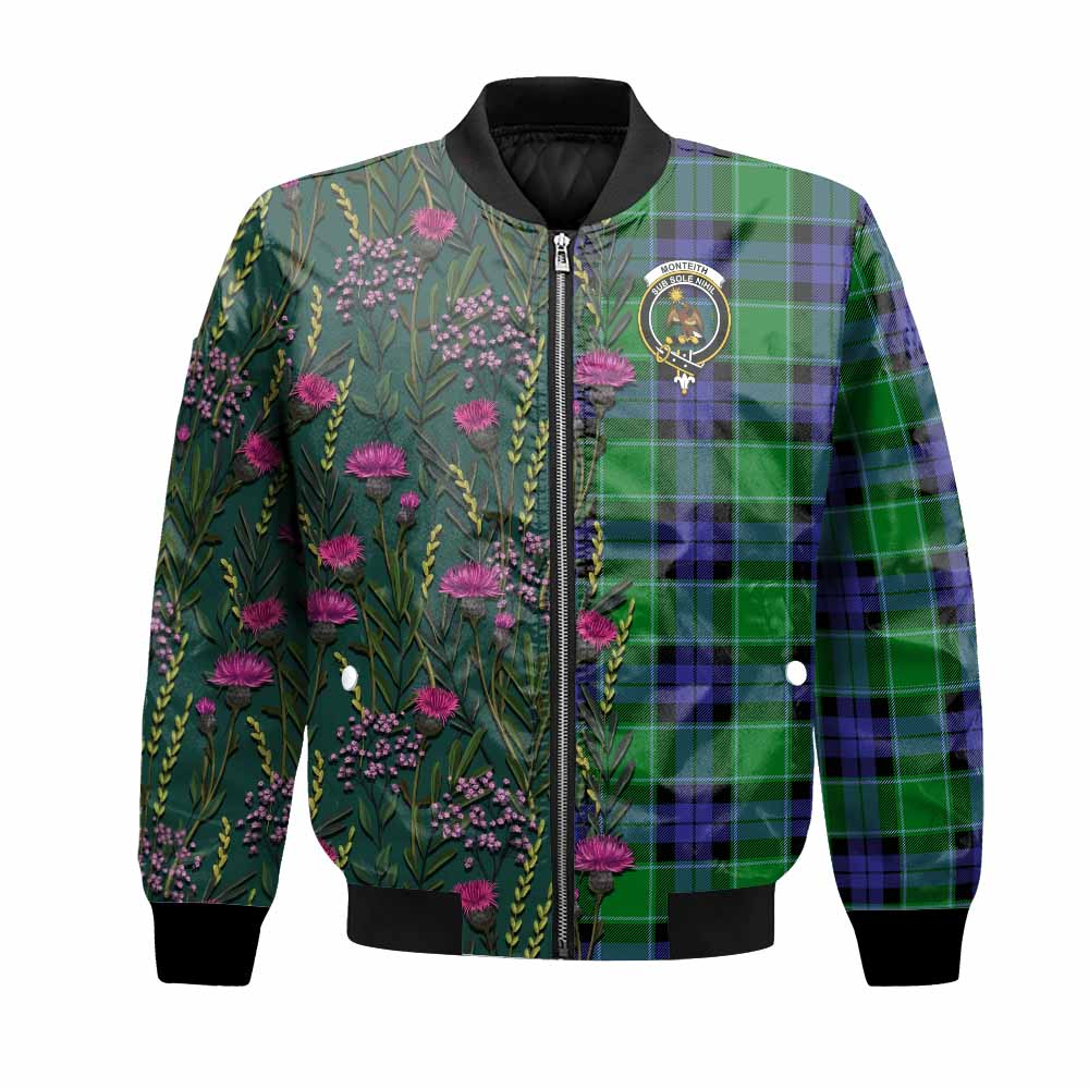 Monteith Family Crest Tartan Bomber Jacket Scottish Thistle Flower Pattern Half Style - Tartan Vibes Clothing