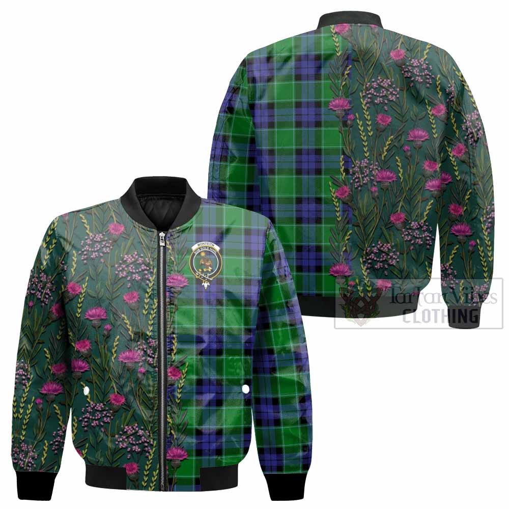 Monteith Family Crest Tartan Bomber Jacket Scottish Thistle Flower Pattern Half Style - Tartan Vibes Clothing