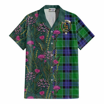 Monteith Family Crest Tartan Cotton Hawaiian Shirt Scottish Thistle Flower Pattern Half Style
