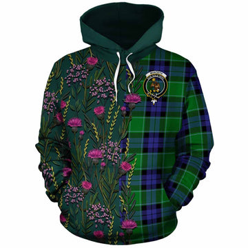 Monteith Family Crest Tartan Cotton Hoodie Scottish Thistle Flower Pattern Half Style