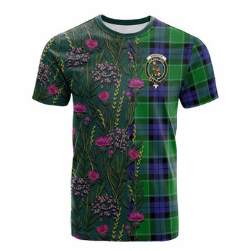 Monteith Family Crest Tartan Cotton T-shirt Scottish Thistle Flower Pattern Half Style