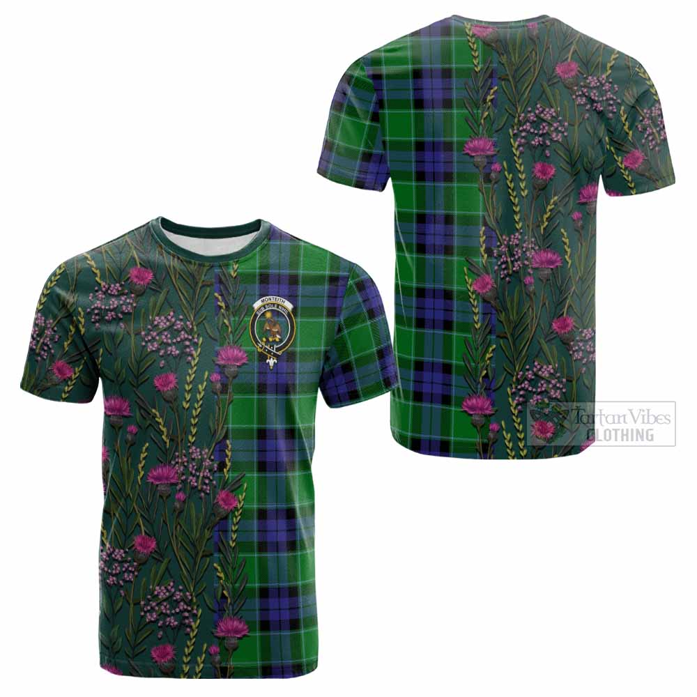 Monteith Family Crest Tartan Cotton T-shirt Scottish Thistle Flower Pattern Half Style - Tartan Vibes Clothing