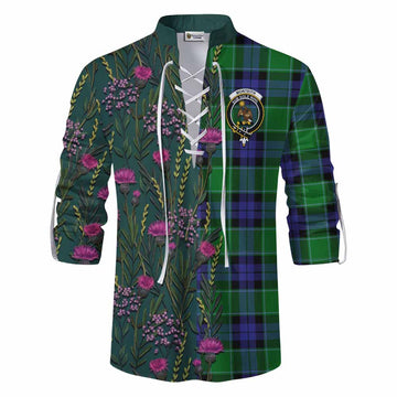 Monteith Family Crest Tartan Ghillie Shirt Scottish Thistle Flower Pattern Half Style