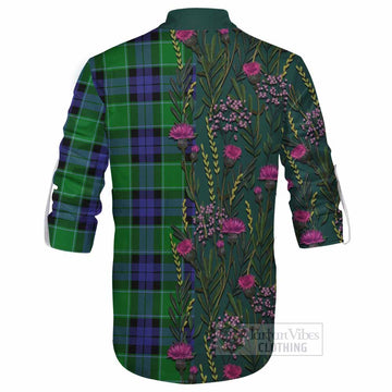 Monteith Family Crest Tartan Ghillie Shirt Scottish Thistle Flower Pattern Half Style