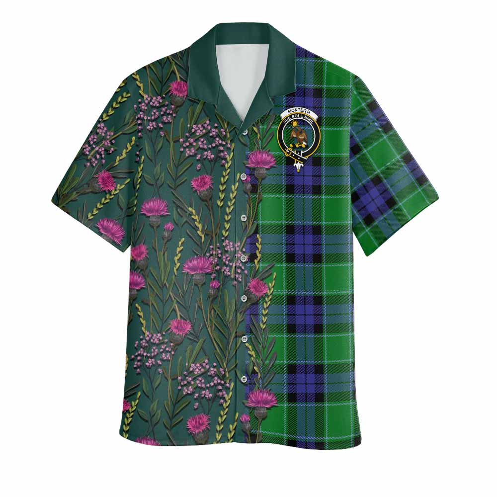 Monteith Family Crest Tartan Hawaiian Shirt Scottish Thistle Flower Pattern Half Style - Tartan Vibes Clothing