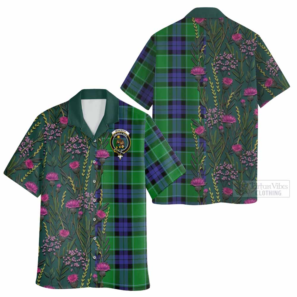 Monteith Family Crest Tartan Hawaiian Shirt Scottish Thistle Flower Pattern Half Style - Tartan Vibes Clothing