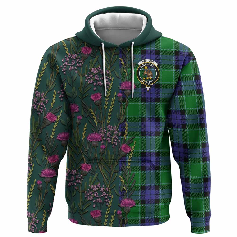 Monteith Family Crest Tartan Hoodie Scottish Thistle Flower Pattern Half Style - Tartan Vibes Clothing