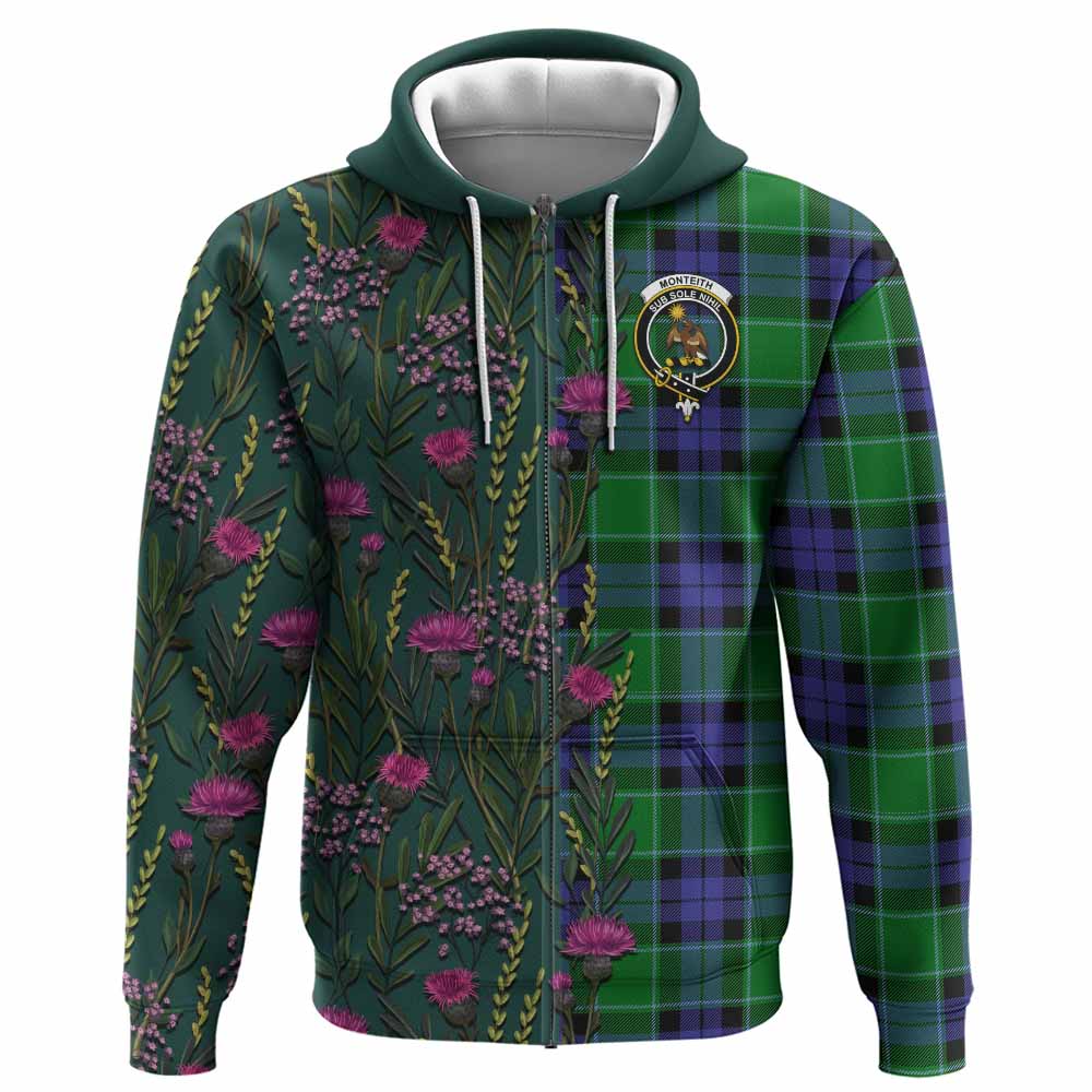 Monteith Family Crest Tartan Hoodie Scottish Thistle Flower Pattern Half Style - Tartan Vibes Clothing