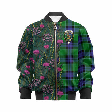 Monteith Family Crest Tartan Kid Bomber Jacket Scottish Thistle Flower Pattern Half Style