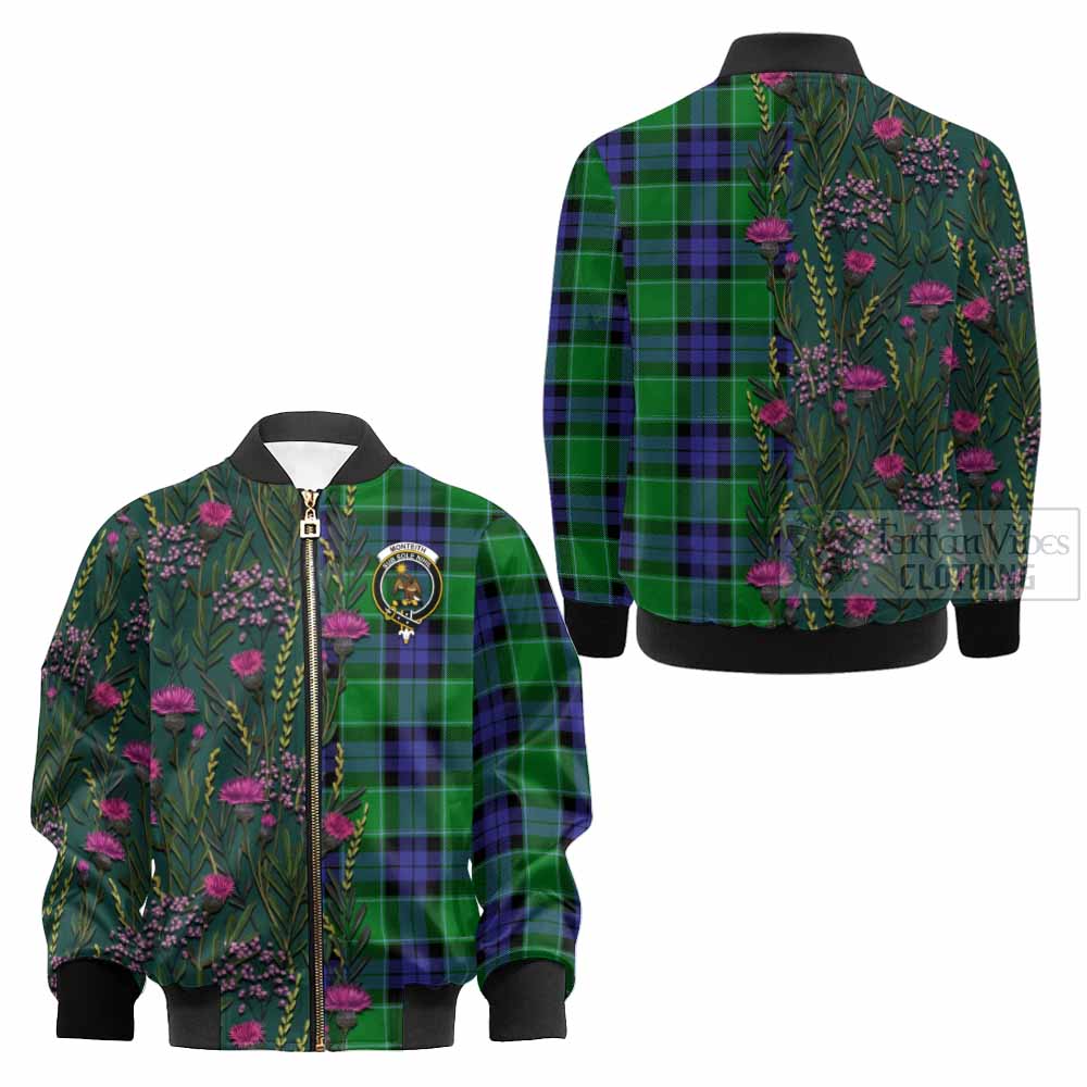 Monteith Family Crest Tartan Kid Bomber Jacket Scottish Thistle Flower Pattern Half Style - Tartan Vibes Clothing
