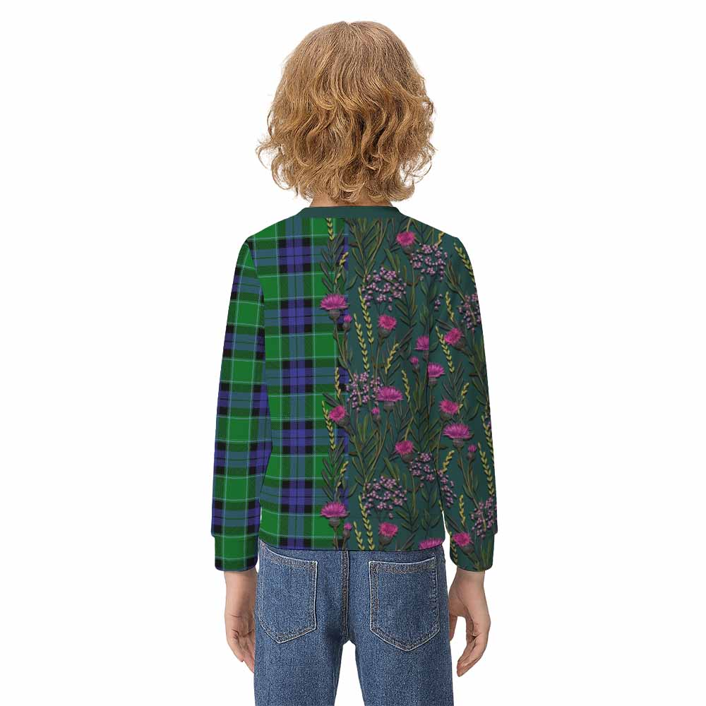 Monteith Family Crest Tartan Kid Knitted Sweatshirt Scottish Thistle Flower Pattern Half Style - Tartan Vibes Clothing