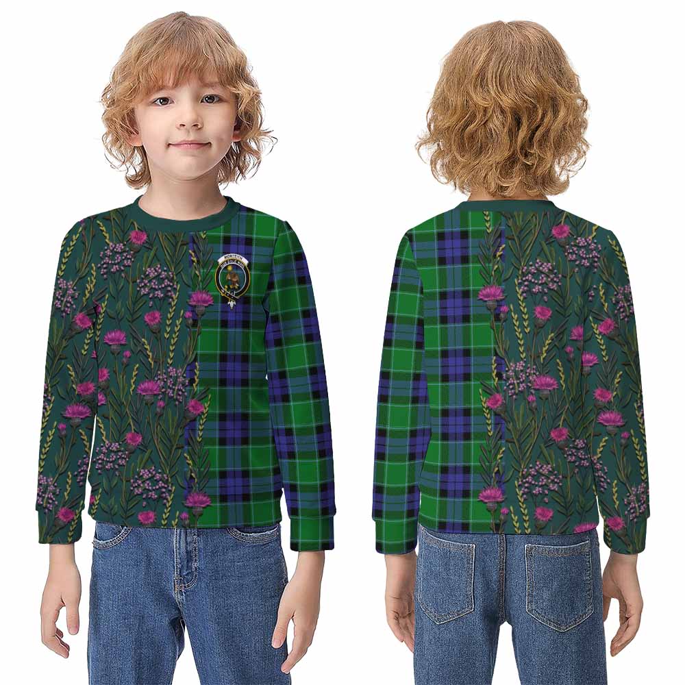 Monteith Family Crest Tartan Kid Knitted Sweatshirt Scottish Thistle Flower Pattern Half Style - Tartan Vibes Clothing