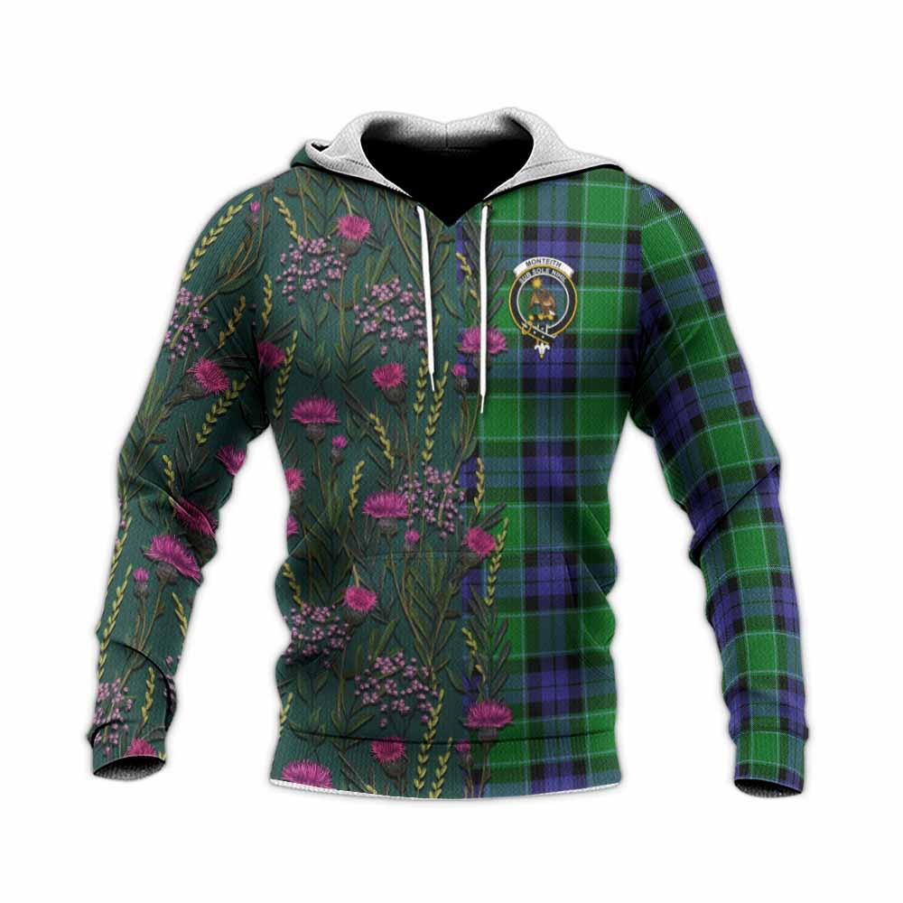 Monteith Family Crest Tartan Knitted Hoodie Scottish Thistle Flower Pattern Half Style - Tartan Vibes Clothing