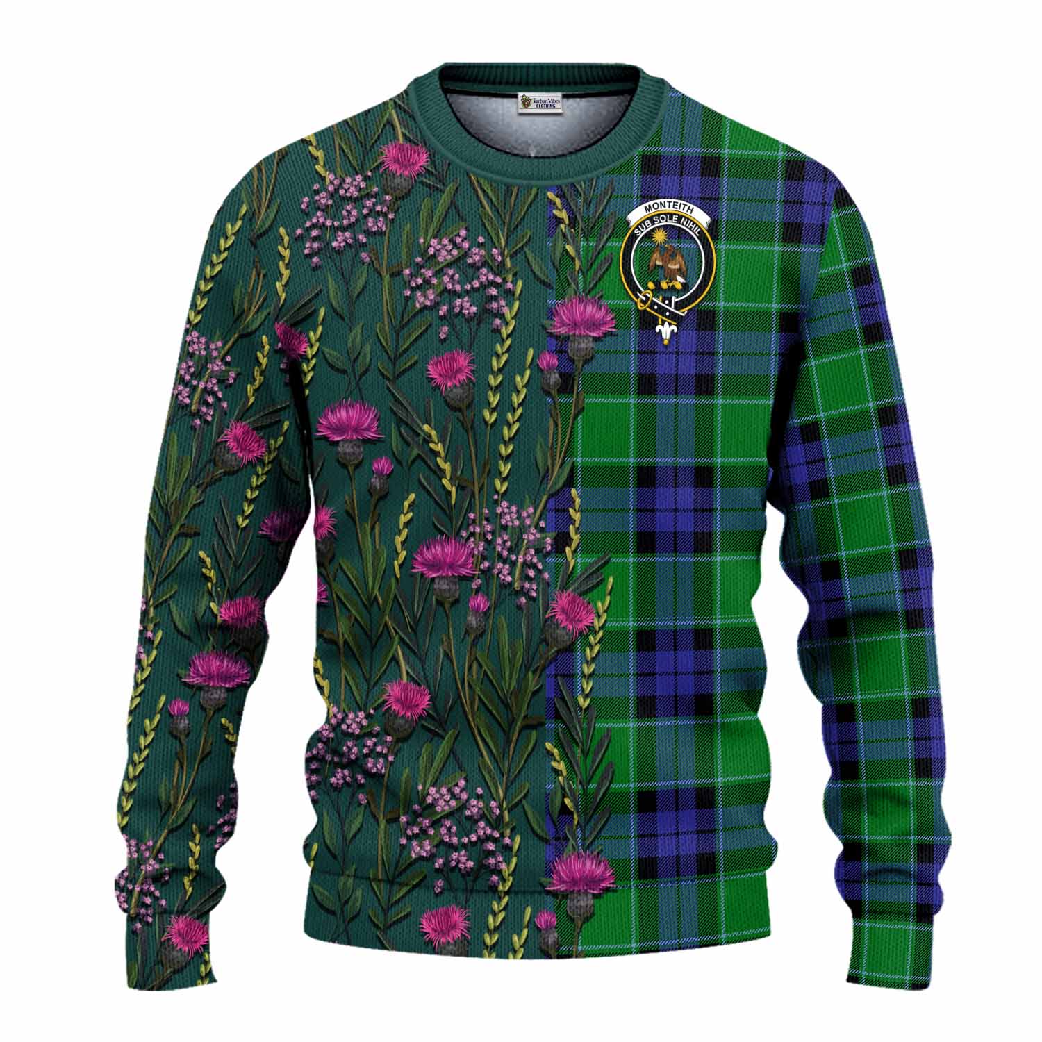 Monteith Family Crest Tartan Knitted Sweater Scottish Thistle Flower Pattern Half Style - Tartan Vibes Clothing