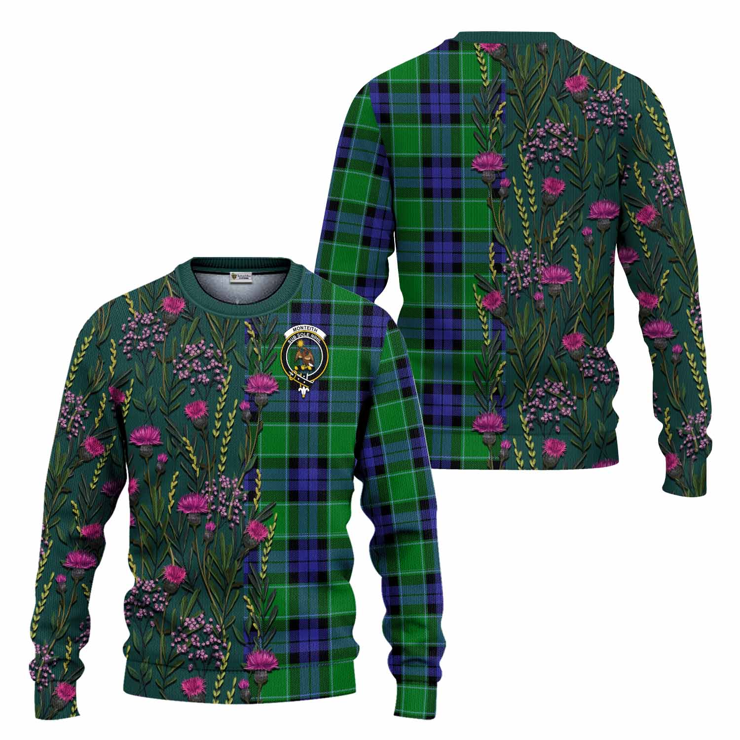 Monteith Family Crest Tartan Knitted Sweater Scottish Thistle Flower Pattern Half Style - Tartan Vibes Clothing