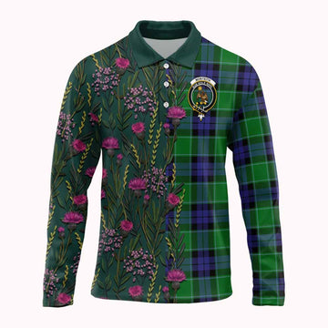 Monteith Family Crest Tartan Long Sleeve Polo Shirt Scottish Thistle Flower Pattern Half Style