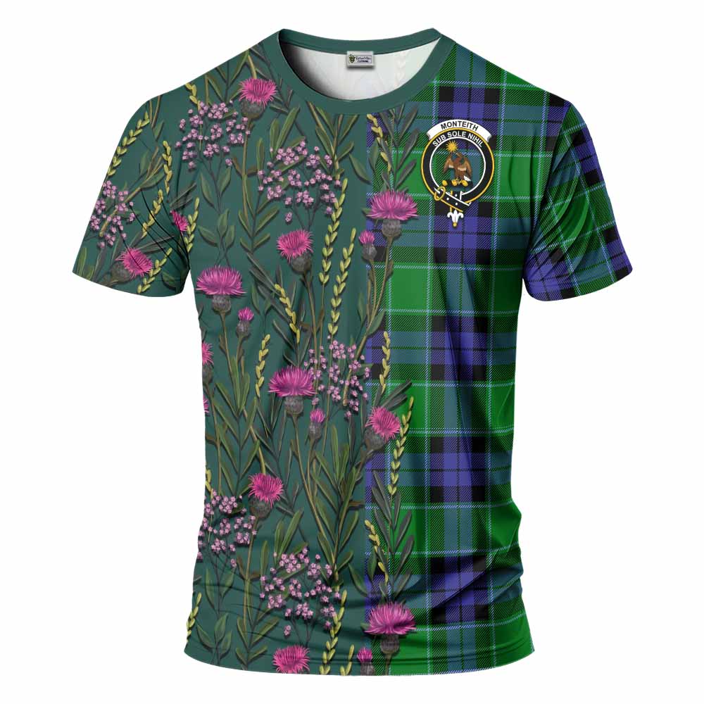 Monteith Family Crest Tartan T-Shirt Scottish Thistle Flower Pattern Half Style - Tartan Vibes Clothing